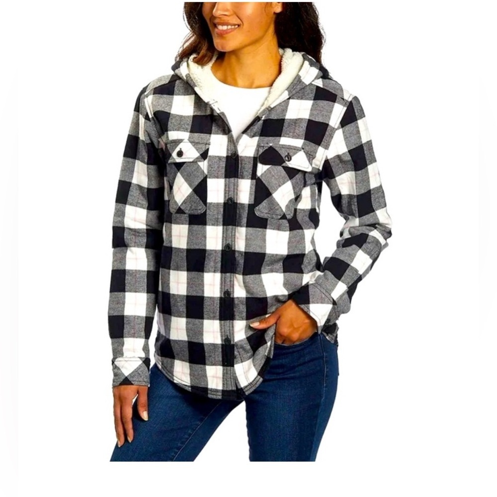 North Western Mfg co. Black and White Plaid Flannel Hooded Shirt- Medium